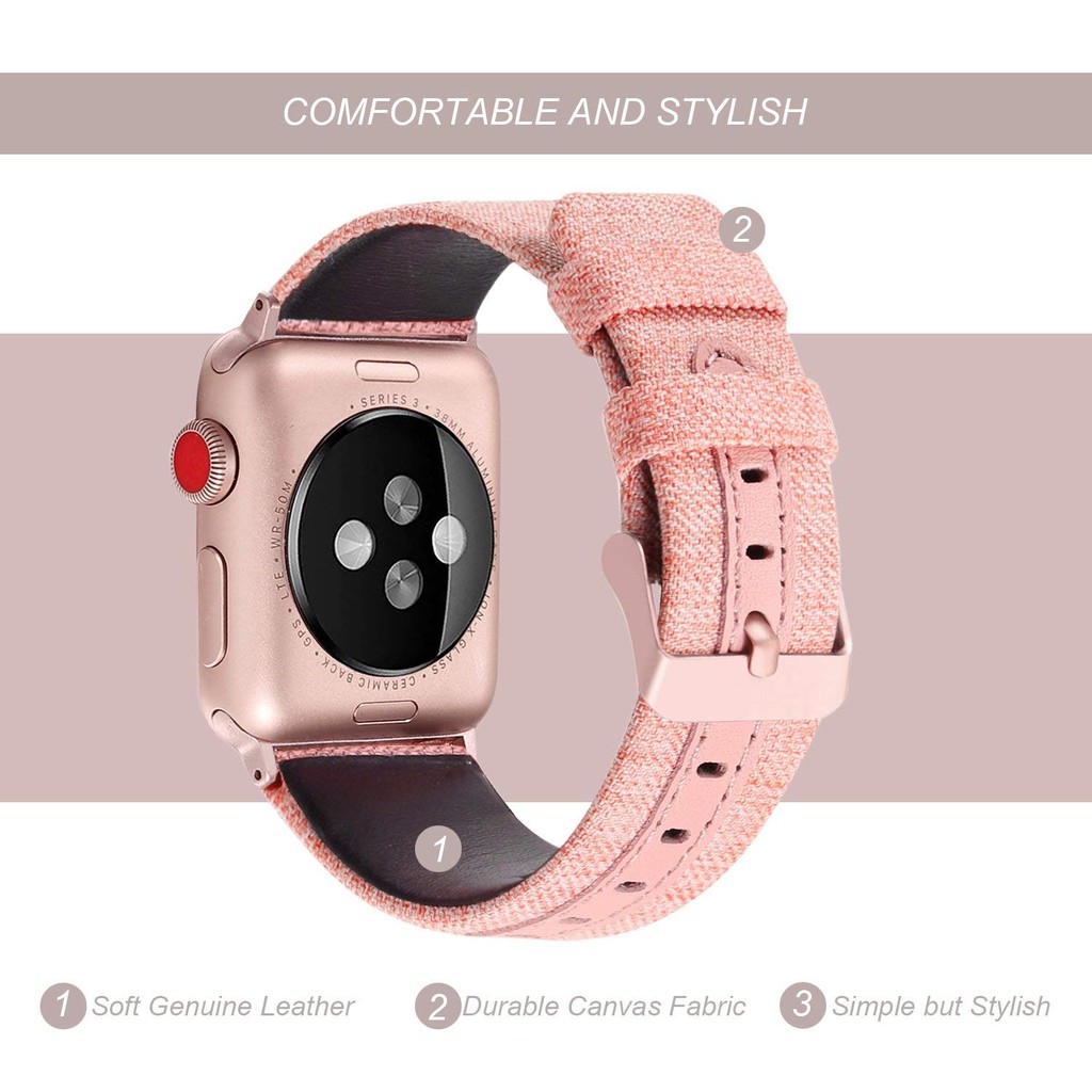 Dây đồng hồ chất liệu da + vải canvas khóa thép không gỉ cao cấp phù hợp với các dòng Apple Watch 1 / 2 / 3 / 4