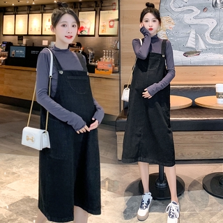 Set áo thun tay dài + đầm yếm Denim thời trang cho mẹ bầu