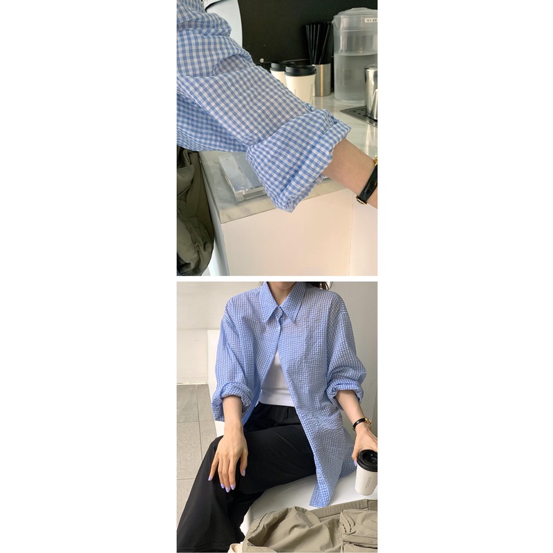 Áo Sơ Mi Tay Dài Dáng Rộng Họa Tiết Kẻ Sọc Màu Xanh Dương Thời Trang Mùa Hè Mới