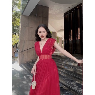 Đầm maxi sát nách lưới phồng dự tiệc / Đỏ