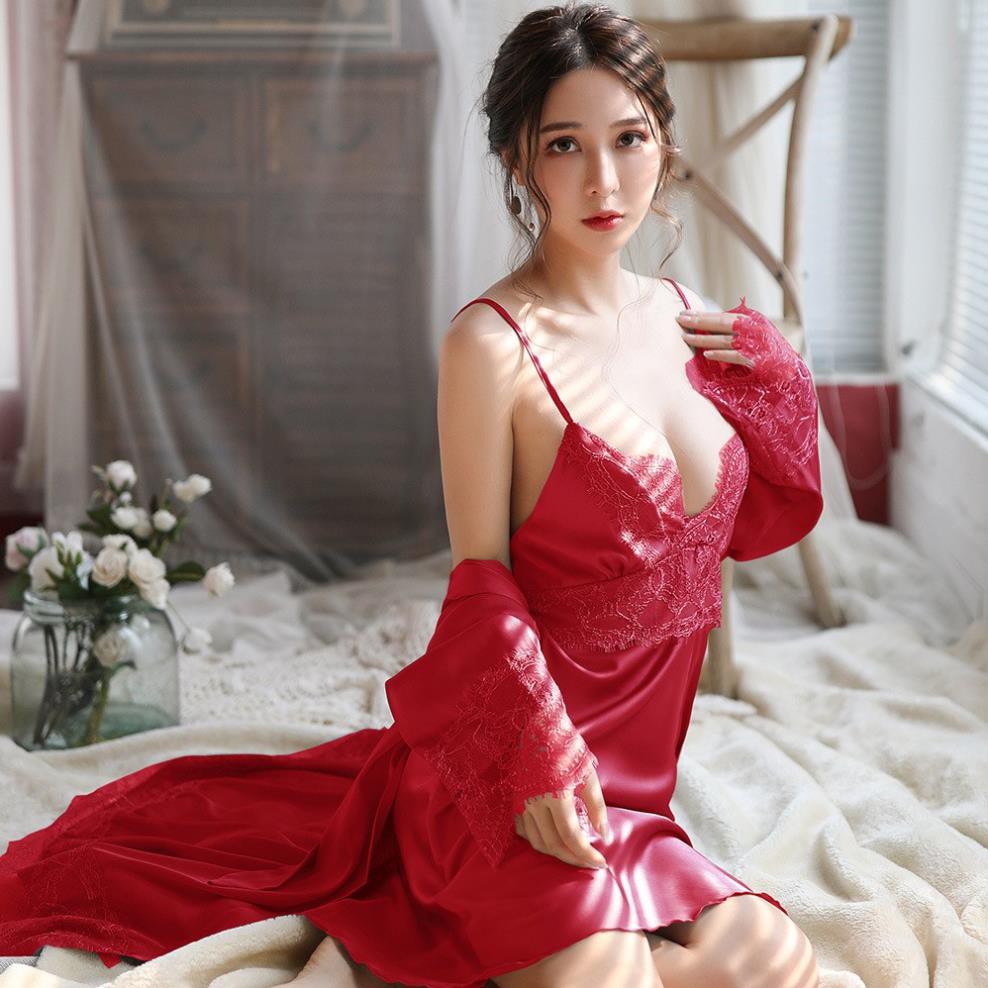 Set ngủ lụa váy và áo choàng phối ren ngực siêu hót