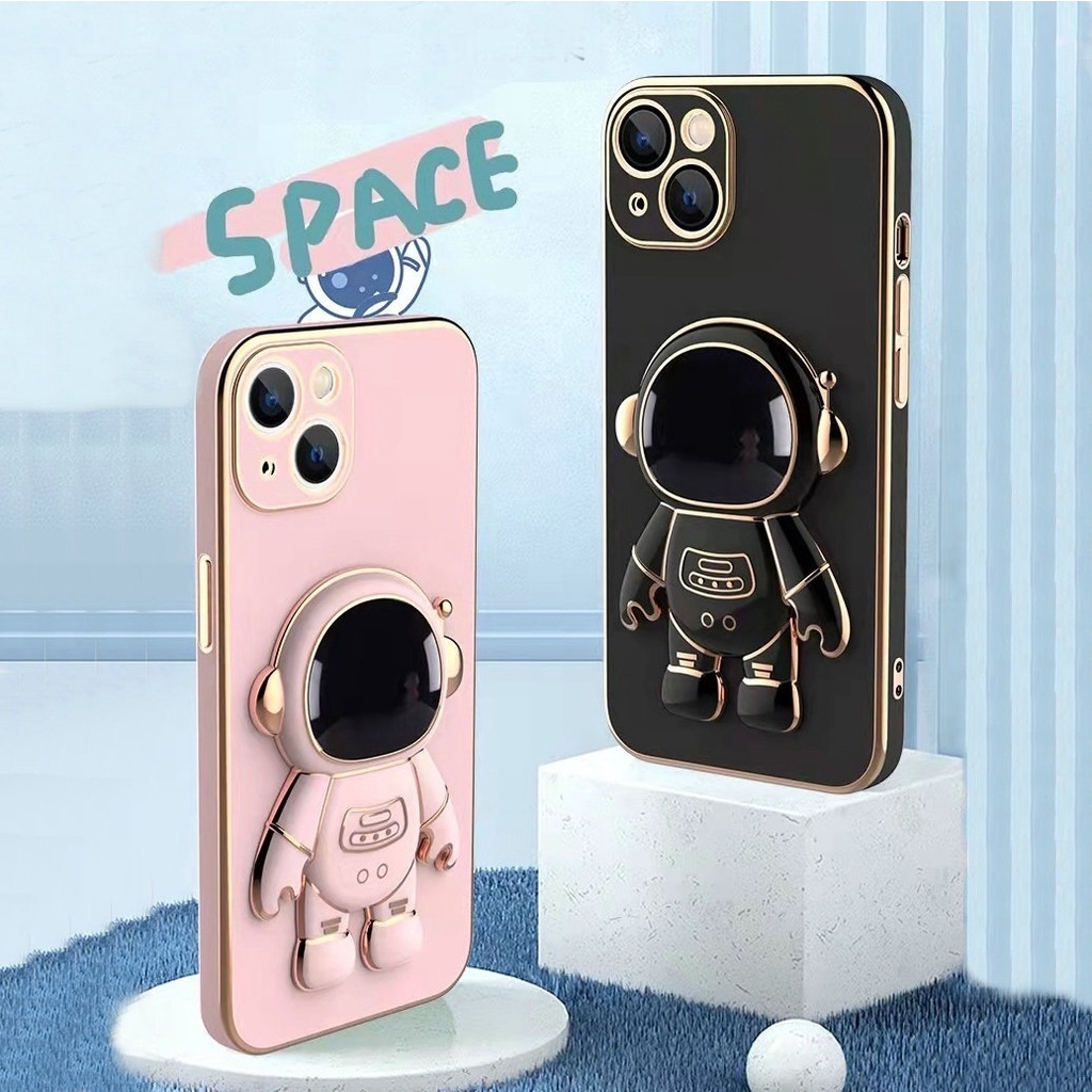 Casing Xiaomi Redmi Note 11S 11 9 9S 9Pro 9A 9C 9T 4G 5G Cute Ins Cartoon Space Astronaut Stand Multicolor Straight Edge Plating Anti-fall Soft Phone Case Cover MMT 07