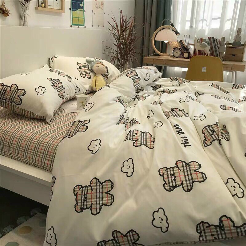 Bộ chăn ga Cotton poly M2T bedding chăn ga Hàn Quốc gấu tráng bbr đủ size miễn phí bo chun