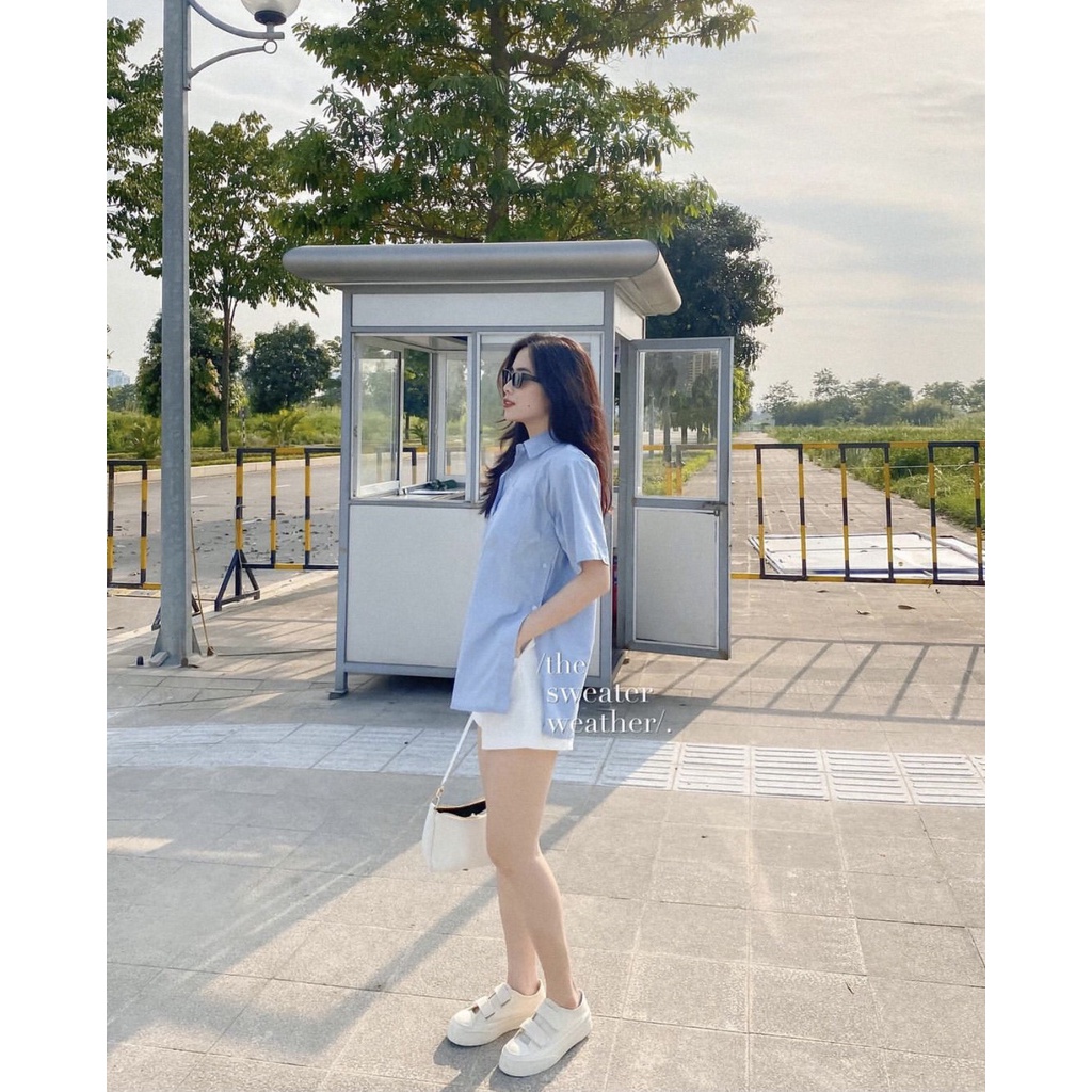 Áo sơ mi thô xẻ vạt lệch cúc sườn basic cộc tay ulzzang