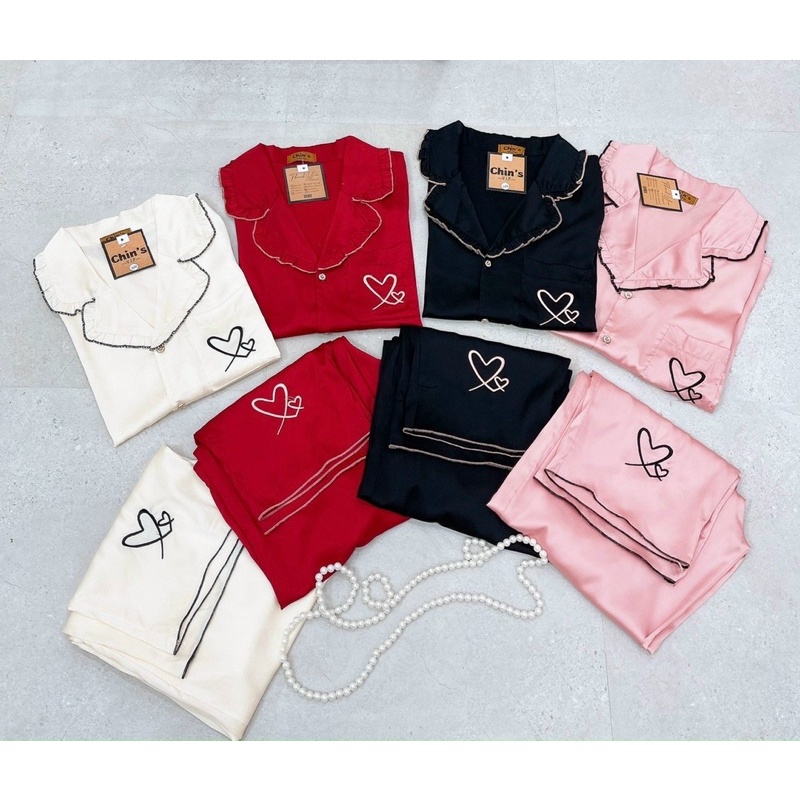 Bộ Pijama Chất Lụa Cao Cấp Hoạ Tiết Tim Thêu Phối Viền Mặc Nhà sang
