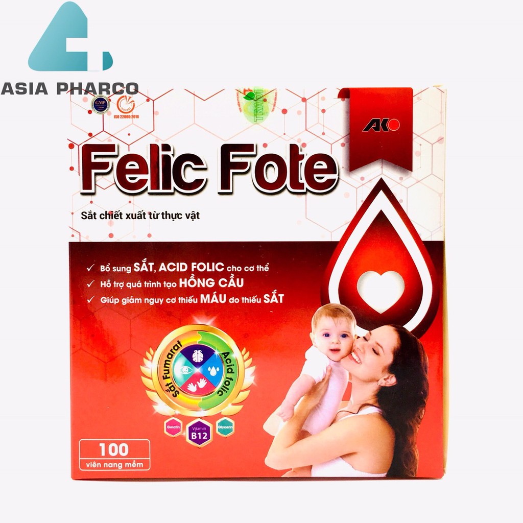 Felic fote bổ sung sắt và acid folic, giảm thiếu máu do thiếu sắt, hỗ trợ quá trình tạo máu, quá trình tạo hồng cầu