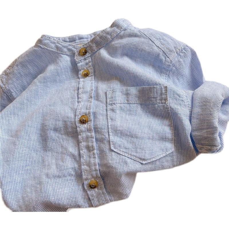 Áo Sơ Mi Cotton Kẻ Sọc Cổ Đứng Tay Ngắn Thời Trang Mùa Hè Dành Cho Bé Trai Bé Gái 2021