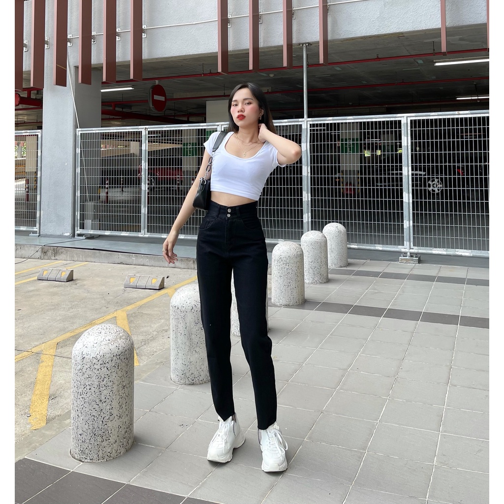 Quần Bò Nữ Quần Baggy lưng Cao 2Nút Lai Cắt Shop Maika-Jeans