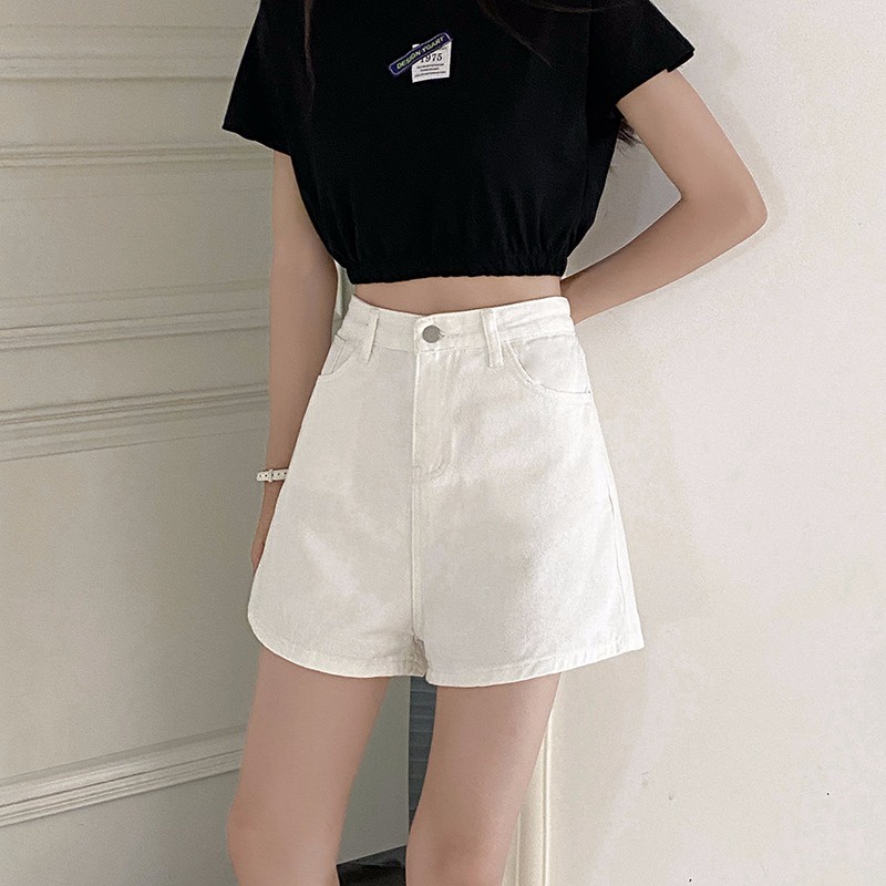 Quần denim ngắn lưng cao ống rộng dễ phối đồ phong cách Hàn Quốc