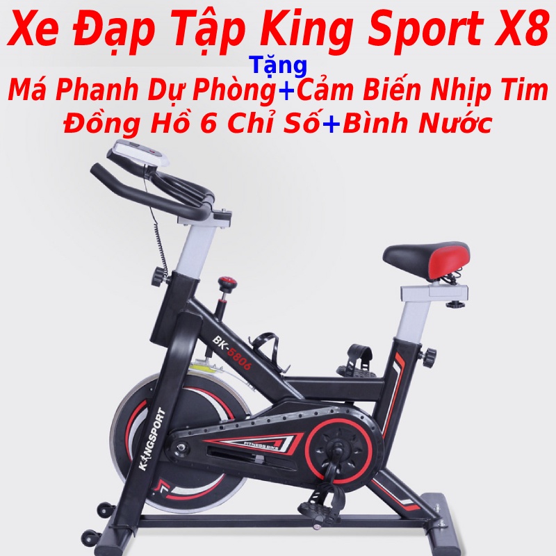 Xe đạp tập thể dục trong nhà King Sport X8 tặng má phanh dự phòng + đo nhịp tim + đồng hồ led + bình nước bảo hành 2 năm