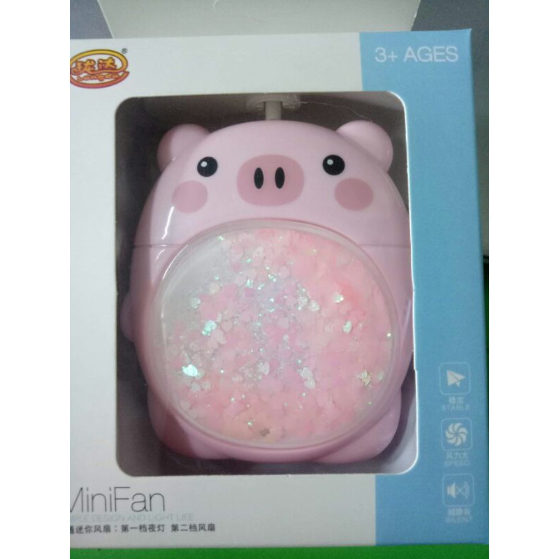 Quạt Cầm Tay Mini Hình Con Gấu Con Ếch Con Lợn Có đèn Led Và Nhũ cát