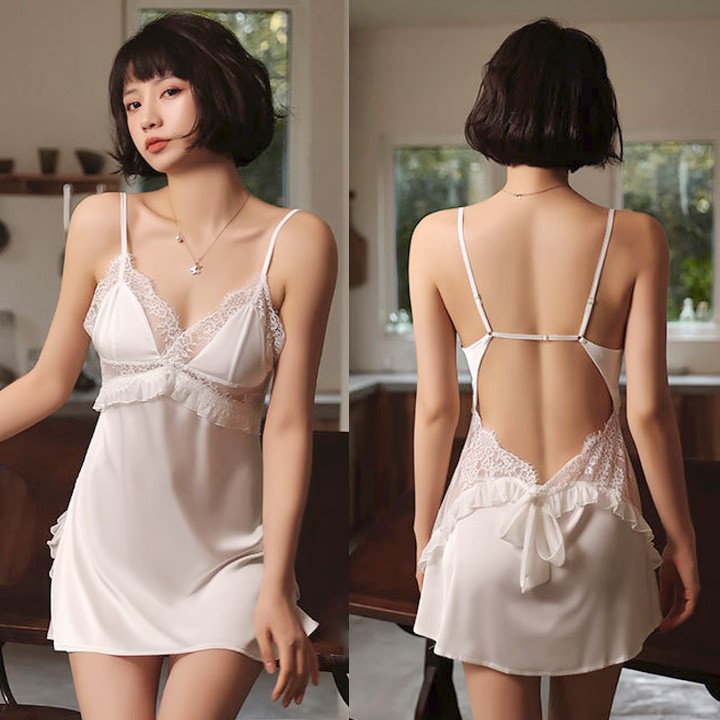 Váy ngủ sexy ren bèo ngực hở lưng và có thắt nơ sau dễ thương