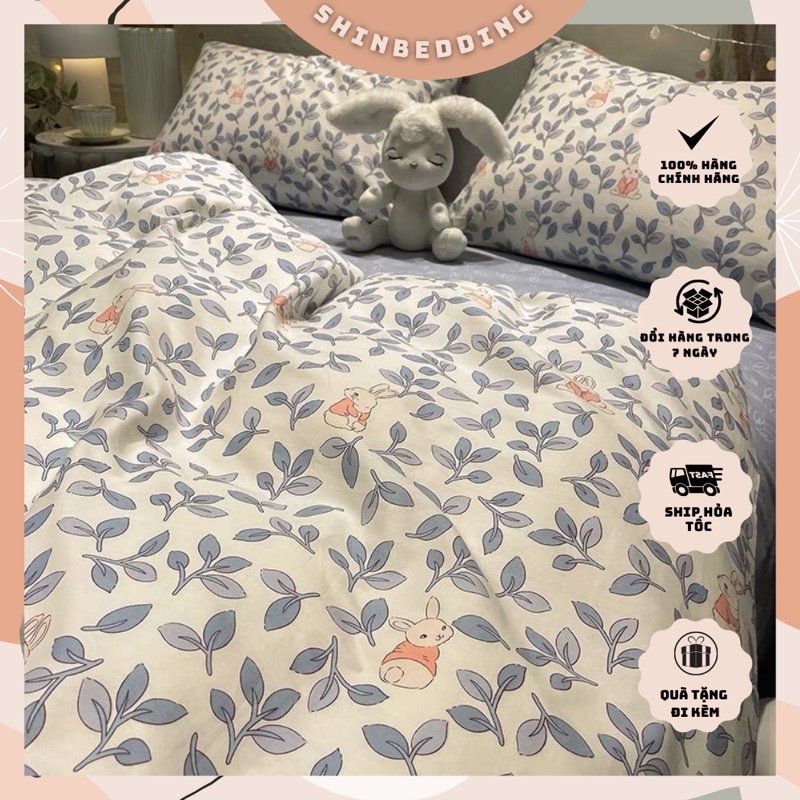 Shinbedding_ Set Bộ Vỏ Cotton Living Thỏ Ăn Lá Siêu Dễ Thương, Chất Liệu Mềm Mát,Thấm Hút Mồ Hôi