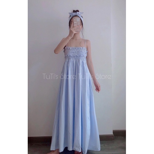 ĐẦM MIDI XANH BO CHUN NGỰC 2 DÂY CỘT
