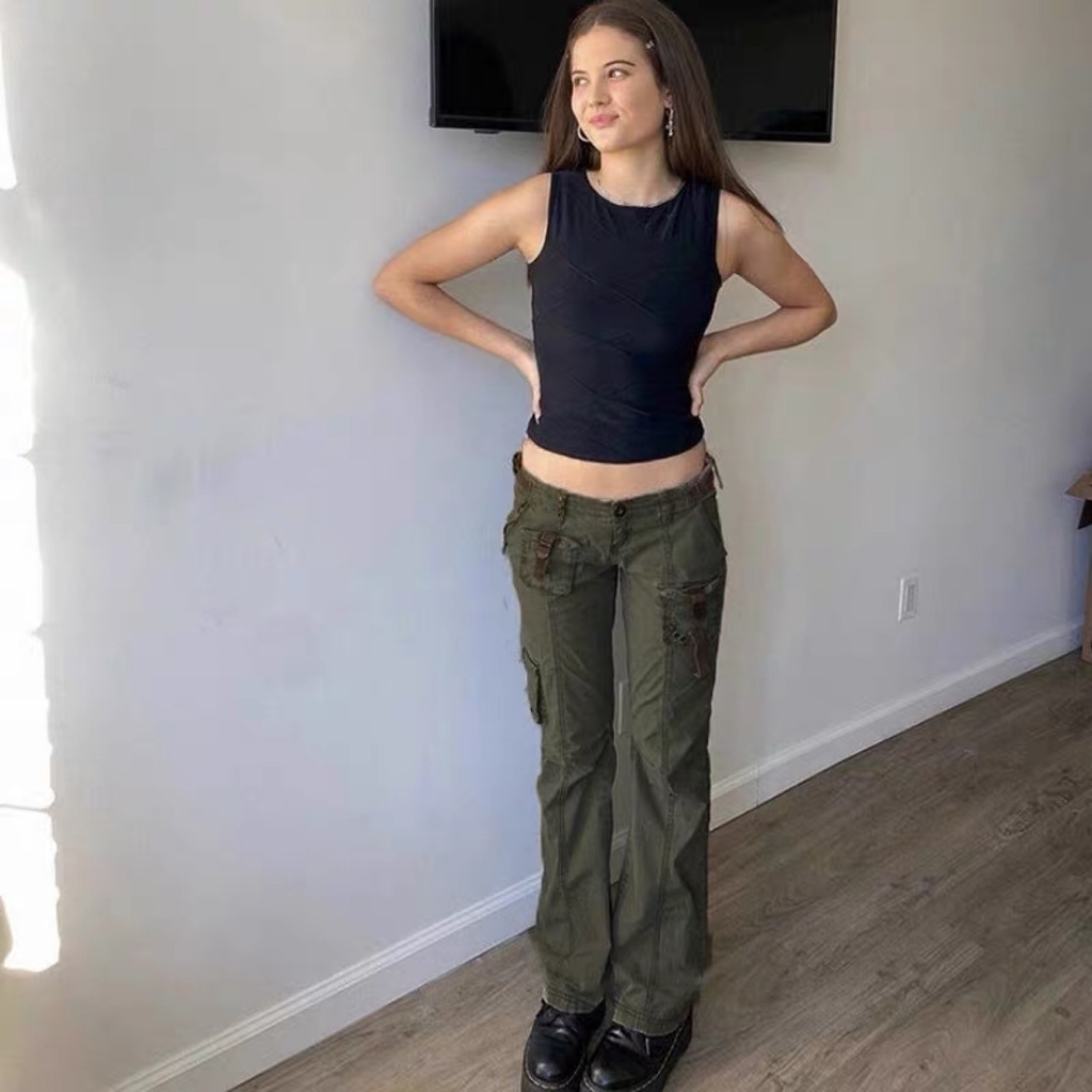 Quần Jean Dài Lưng Thấp Màu Trơn Phối Túi Kiểu Vintage Thời Trang Cho Nữ