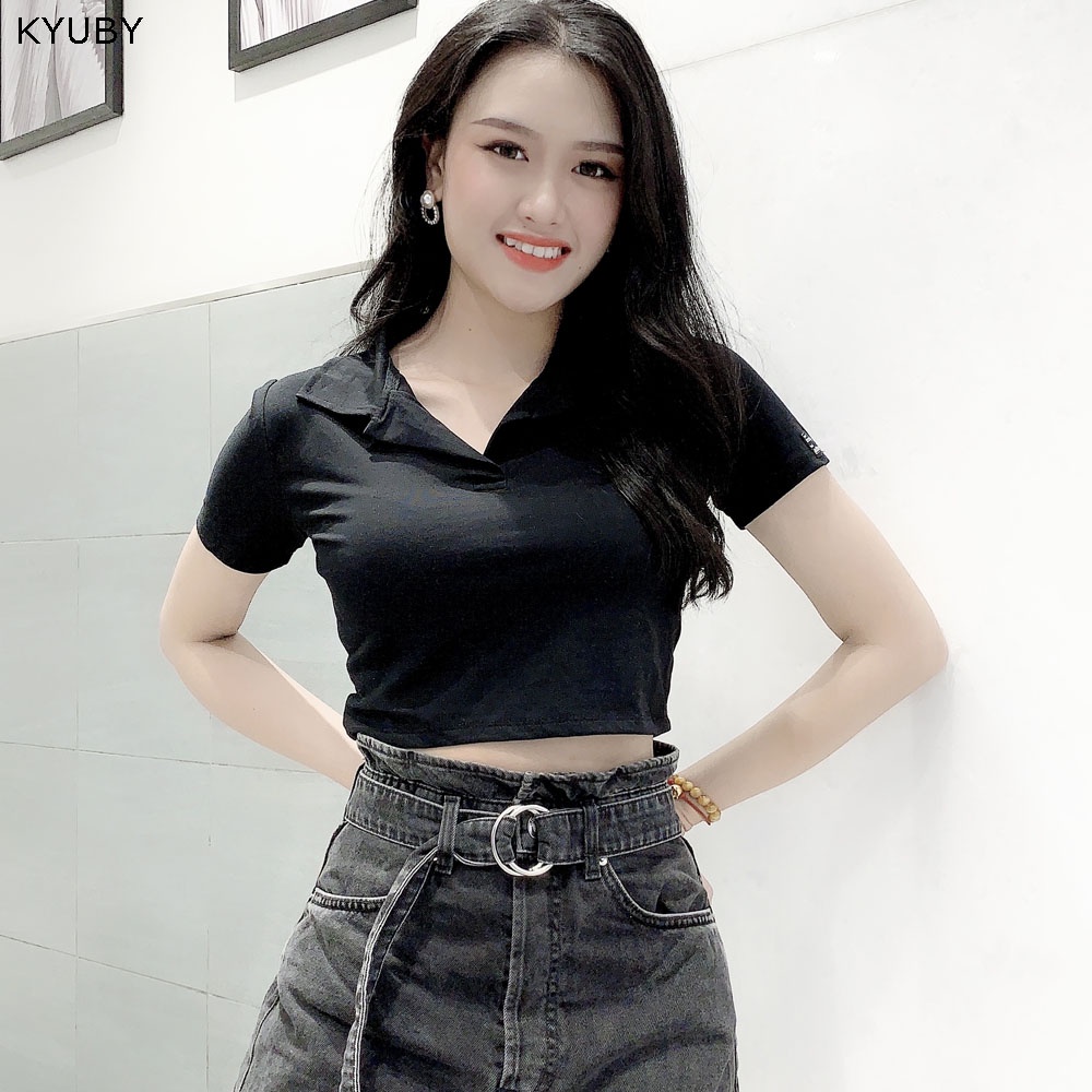 Áo croptop nữ tay ngắn có cổ KYUBY Polo croptop chất cotton