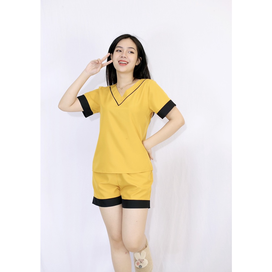 Bộ đồ bộ màu VÀNG CỔ TIM tay ngắn quần ngắn vải lụa pháp - Thoải Mái Nhẹ Nhàng
