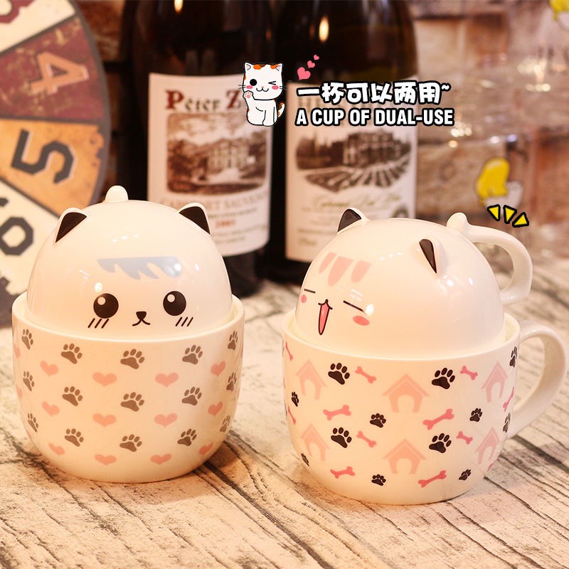 Ly sứ hình mèo kèm nắp sứ và muỗng 400ML dễ thương