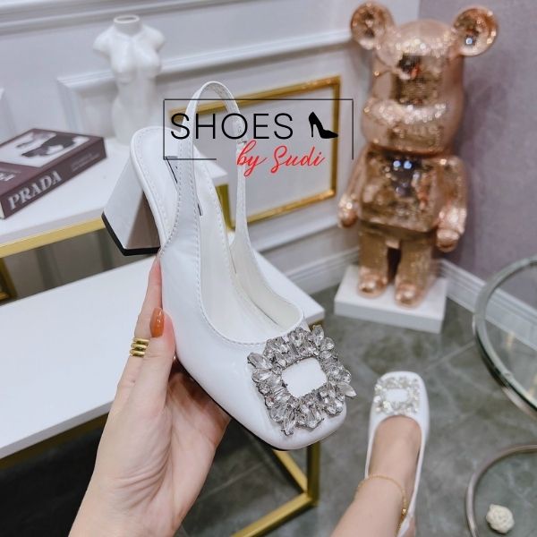 Giày cao gót 7p đế vuông slingback SUDI SHOES SD026 mũi tròn đính đá bản to màu đen trắng dễ phối đồ sang chảnh