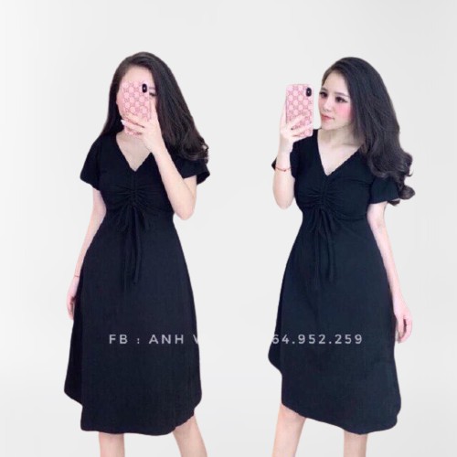 Đầm suông nữ cổ tim rút dây ngực đuôi xòe chất cotton tàu mịn mát thiết kế sang chảnh