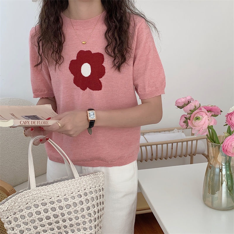 Áo Sweater Dệt Kim Tay Ngắn Cổ Tròn In Hoa Hồng Dễ Thương Kiểu Hàn Quốc