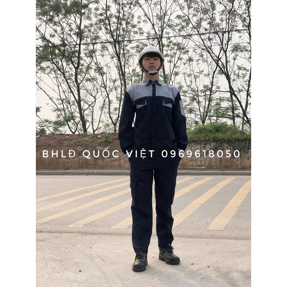 Bộ quần áo bảo hộ lao động - Tím than phối ghi - Vải kaki V31 - Quần bảo hộ túi hộp