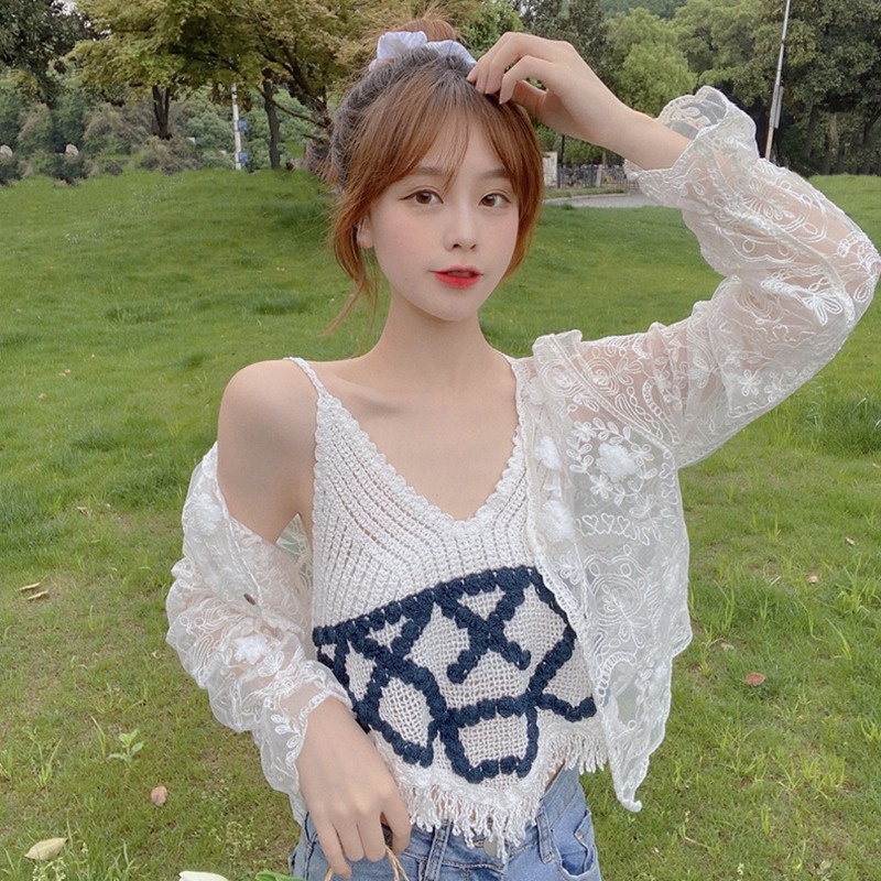 Áo Tank Top Cổ Chữ V Đan Móc Màu Sắc Retro Dành Cho Nữ