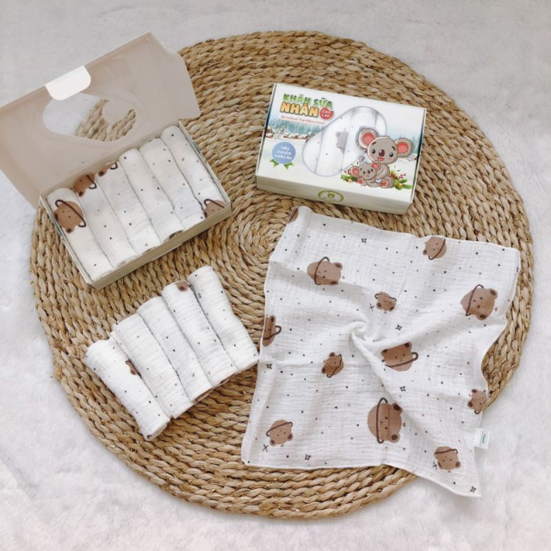 0Khăn sữa nhăn cao cấp Mipbi hộp 6 cái KT 30x30cm. Khăn sữa cho bé 100% sợi bông thiên nhiên theo tiêu chuẩn Châu Âu