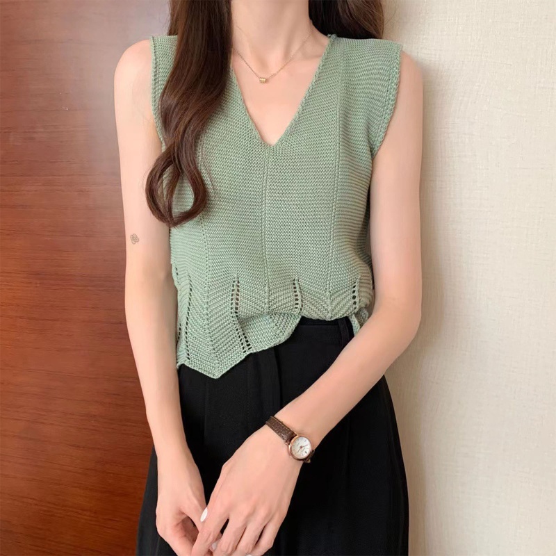 Áo Len Dệt Kim Không Tay Cổ Chữ V Màu Trơn Thời Trang Mùa Hè Cho Nữ