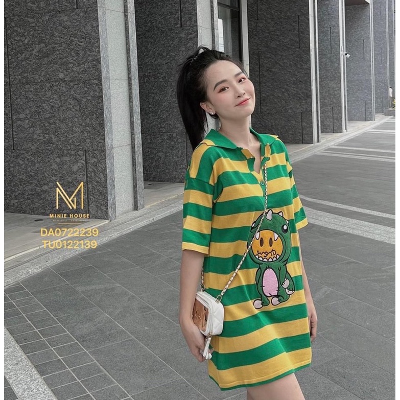 Đầm len kẻ cổ Polo, Váy len kẻ khủng Long  xanh