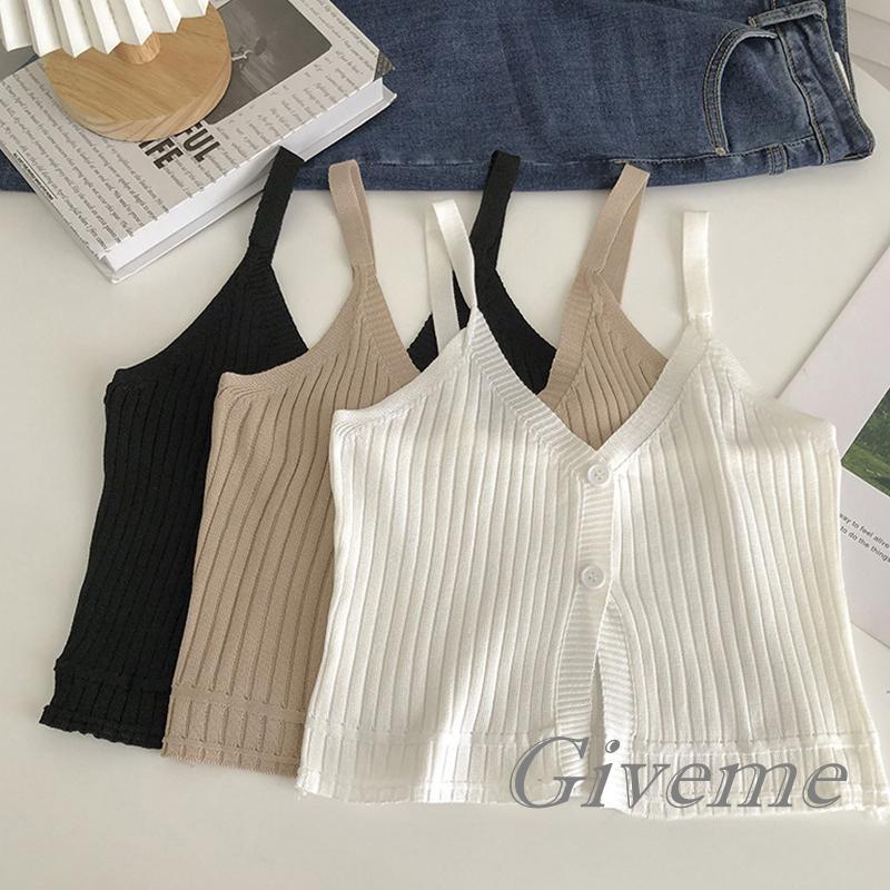 Áo Croptop Dệt Kim Hai Dây Cổ Chữ V Cài Nút Thời Trang Mùa Hè Cho Nữ