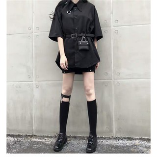 Đầm sơ mi đen thắt lưng kiểu
