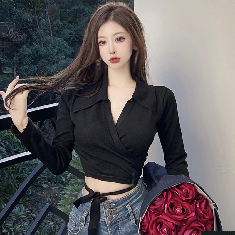 Áo croptop dệt kim dài tay cổ bẻ khoét sâu có dây cột nơ ở eo ôm dáng thời trang quyến rũ