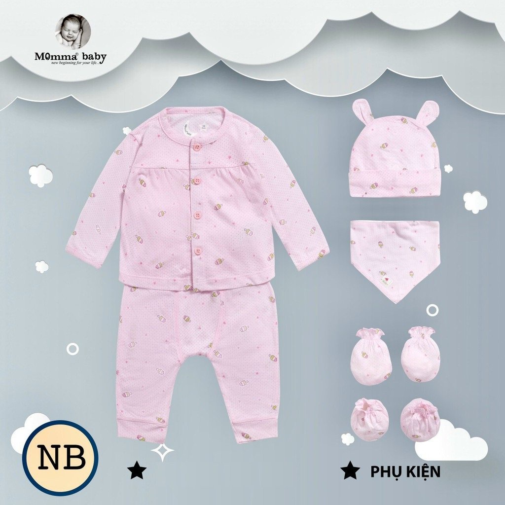 Xả kho Set quần áo sơ sinh dài tay Momma chất thông hơi siêu đẹp kèm mũ, yếm, bao chân tay 0-3 tháng cho bé
