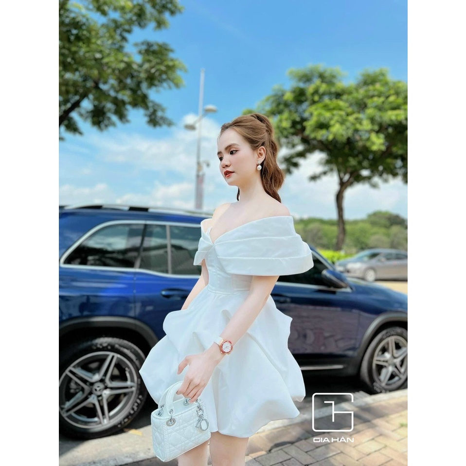 Đầm Dự Tiệc, Váy Thiết Kế Tafta Trễ Vai Dáng Xòe bồng bềnh 2 màu đen, trắng cực hot nhà Kemi