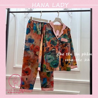 Pijama Lụa, Đồ mặc nhà nữ, Đồ Bộ Tay Dài Họa Tiết Hoa 3D PJ296