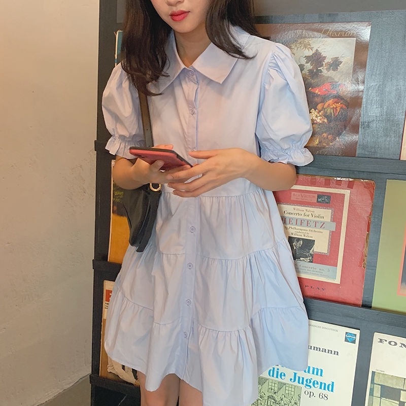 Đầm Tay Phồng Dáng Rộng Màu Xanh Dương Phong Cách Sinh Viên Cho Nữ Sinh
