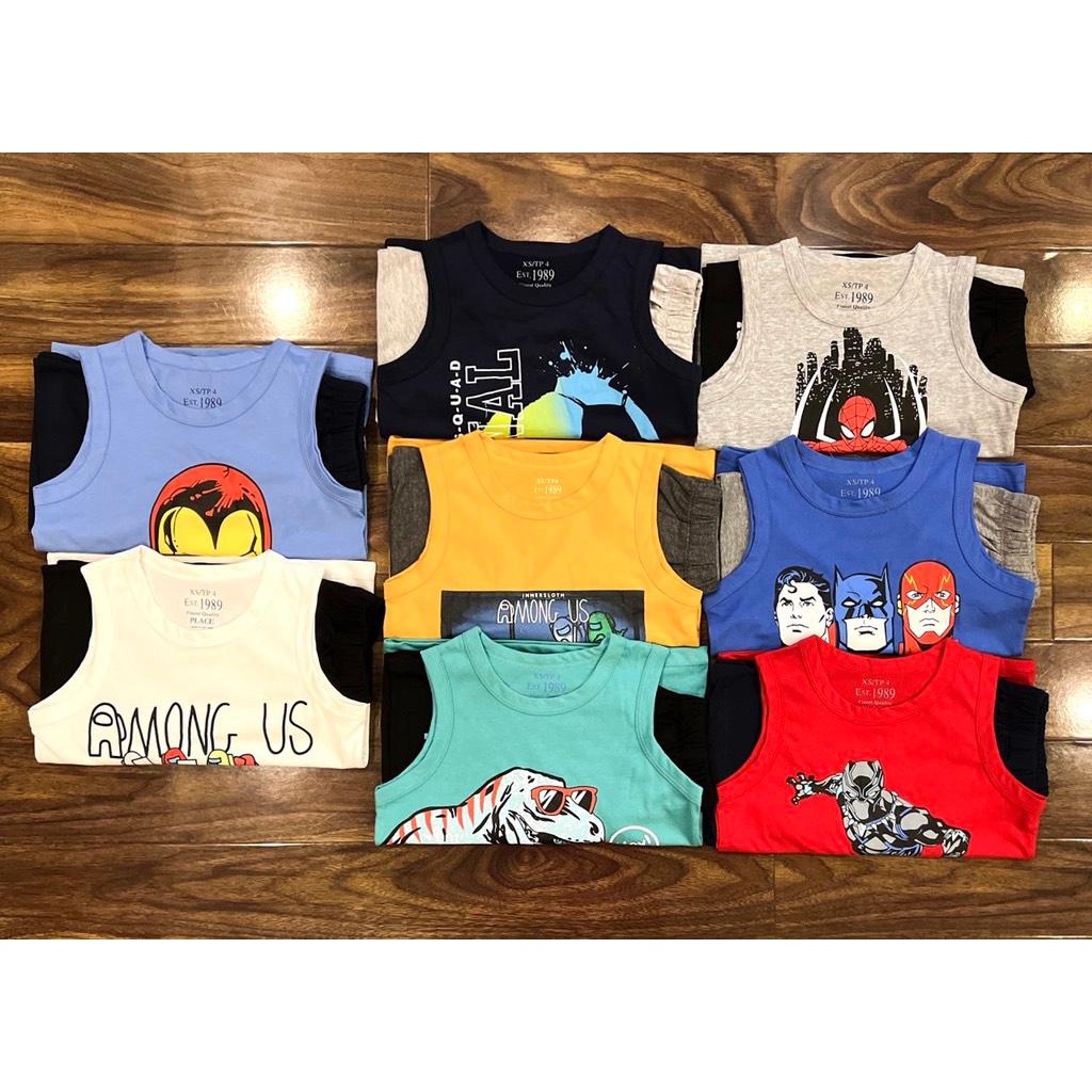 Bộ Bé Trai sát nách ba lỗ 17-45kg xuất dư xịn PA.LACE cotton in hình siêu nhân size đại