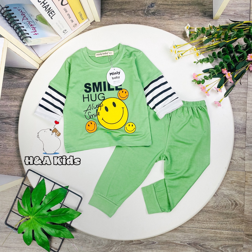 [Bé 20-33kg] Bộ tay dài thun lạnh SIZE ĐẠI Minky mom in hình trước ngực phối tay sọc cho bé trai bé gái từ 20-33kg