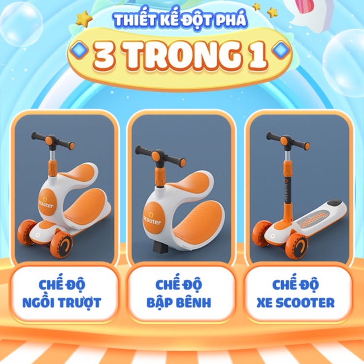 Xe scooter 3 in 1  𝑭𝒓𝒆𝒆𝒔𝒉𝒊𝒑  Xe scooter cho bé 808 màu vàng sử dụng từ 1,5 tuổi 3 bánh to phát sáng vĩnh cửu