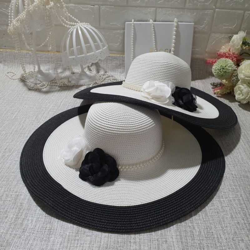 Mũ Cói thời trang đi biển Vành Rộng đai ngọc sang chảnh