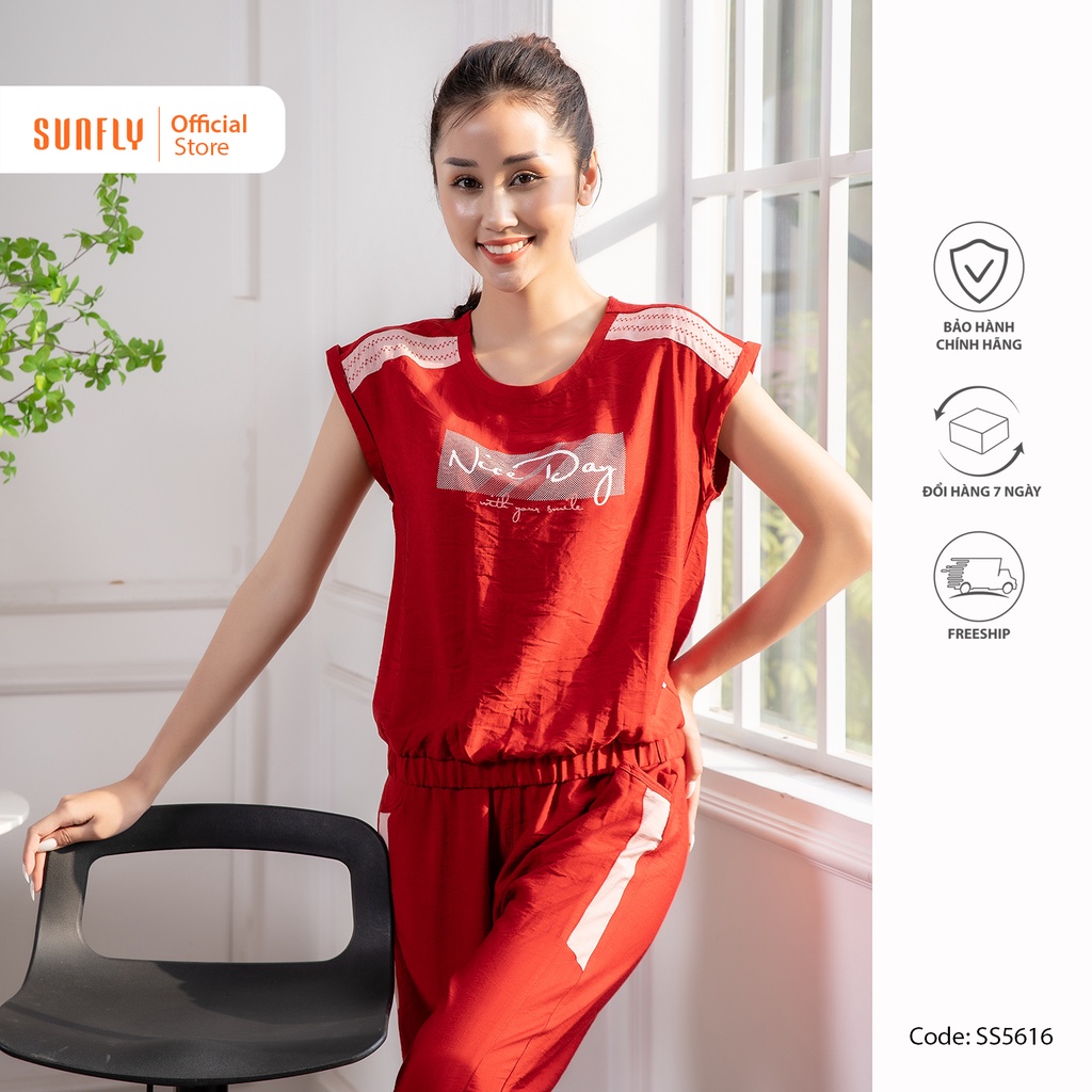 Bộ đồ mặc nhà nữ thể thao linen SUNFLY áo tay trễ, quần dài SS5616