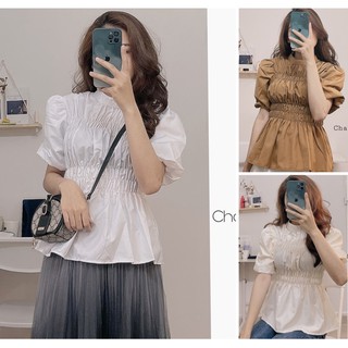 Áo sơ mi cổ trụ ngắn tay bồng