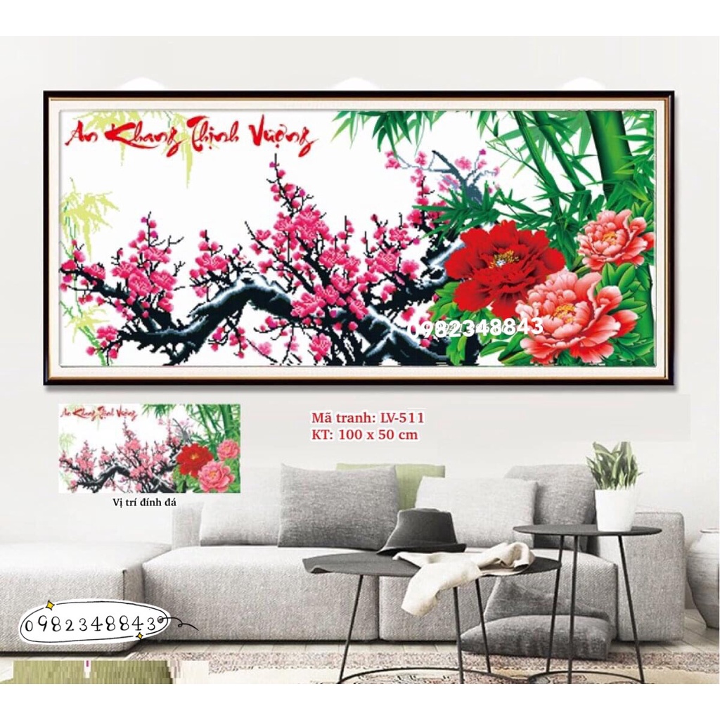 Tranh đính đá hoa đào an khang thịnh vượng KT:100x50cm,tranh gắn đá chưa gắn.