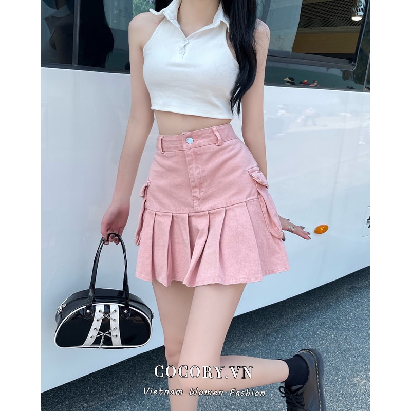 Cocory vn Hot Chân váy jean Ngắn Xếp Ly Dáng Chữ A Màu Hồng Thời Trang Mùa Hè Mới Cho Bé Gái