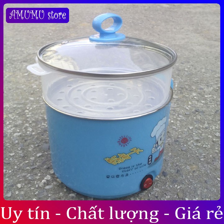 Nồi lẩu điện ca mì mini tiện dụng 18cm 2 lớp tặng kèm giá hấp tay cụp