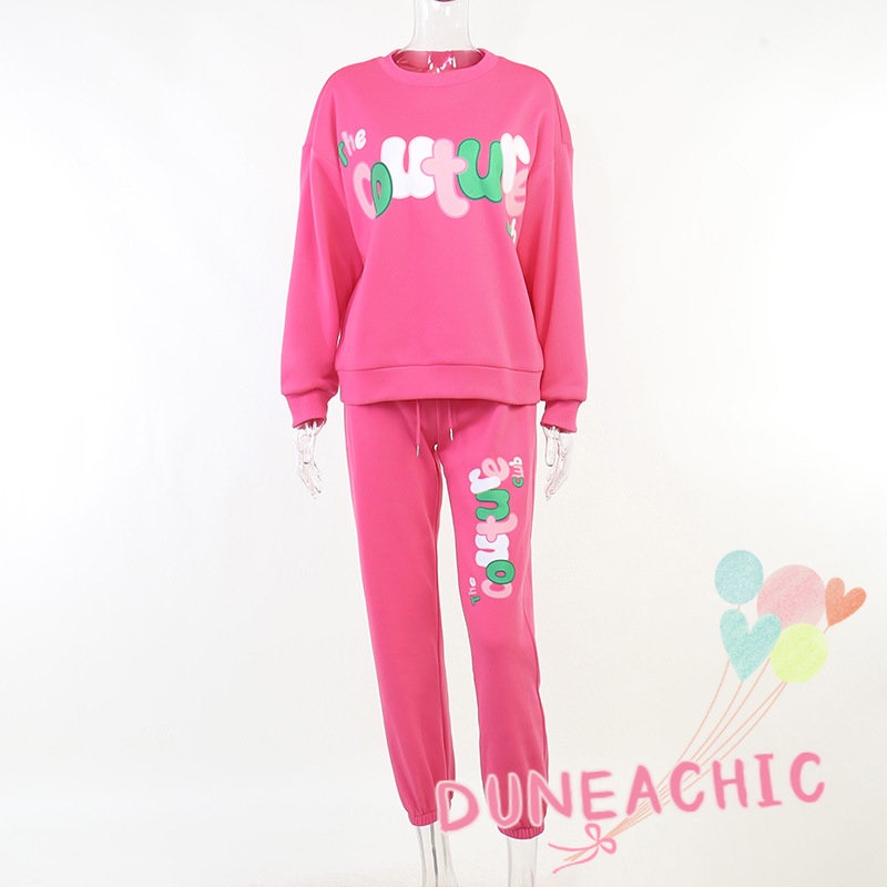 DUNEA Set đồ gồm áo nỉ dài tay cổ tròn in chữ Và quần dài lưng cao phong cách năng động trẻ trung dành cho nữ