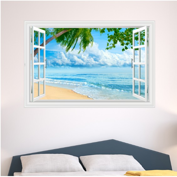 Decal trang trí cảnh biển xanh và cây dừa nghiêng
