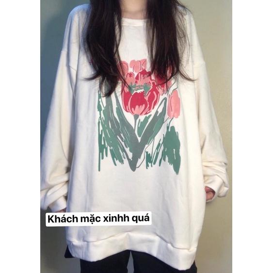 Áo Nỉ Sweat Nữ tay bồng form rộng, Áo hoodie Hoa Hồng chất nỉ bông cá tính Ulzzang