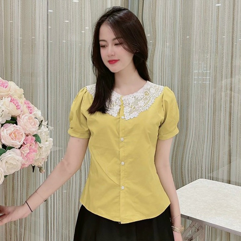 Áo Sơ Mi Nữ Kiểu Công Sở Ngắn Tay Cổ Tròn Ren - 5 Màu Trắng Vàng Xanh Nâu Hồng - Hanlly Fashion Thời Trang - A16